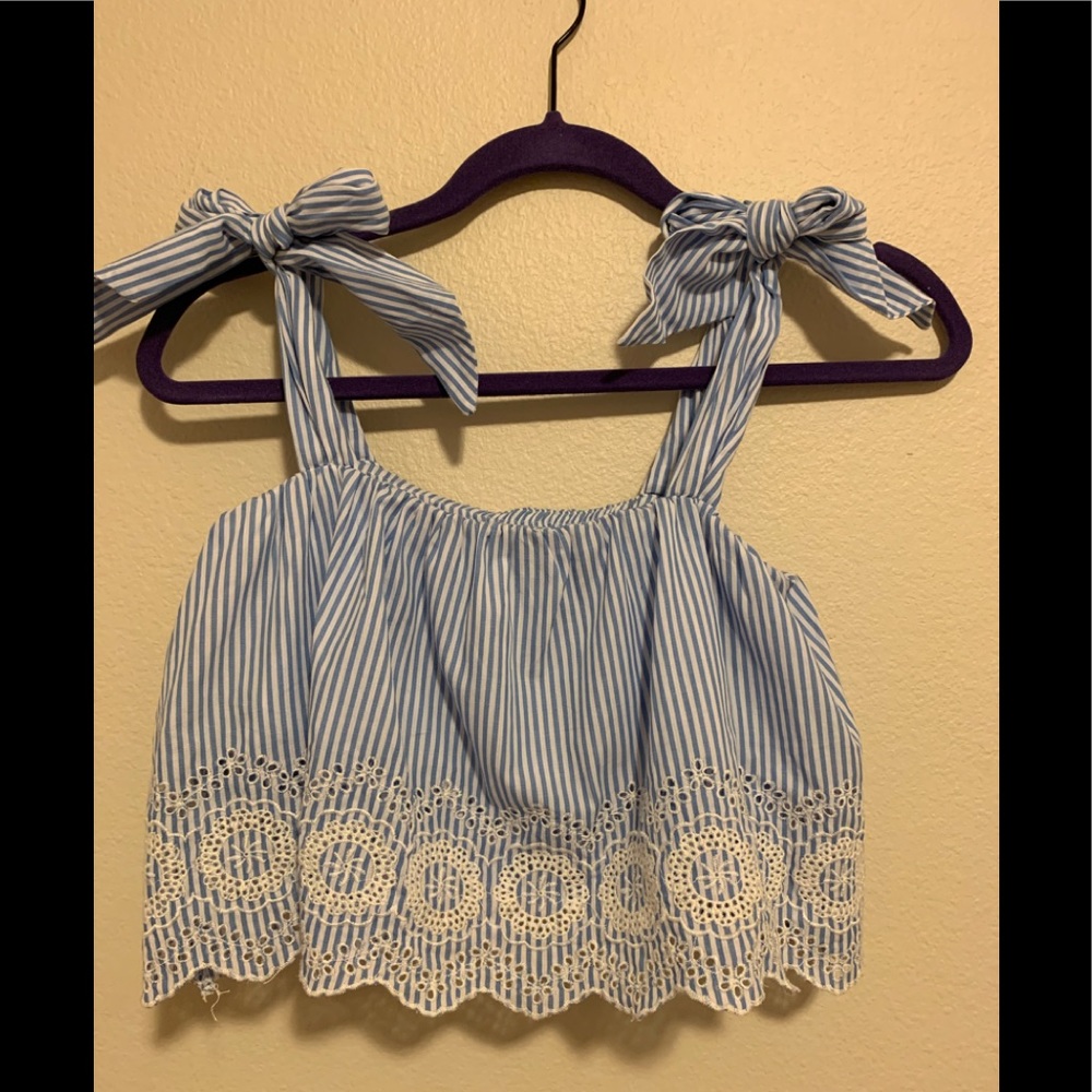 Striped Self-Tie Eyelet Crop Top